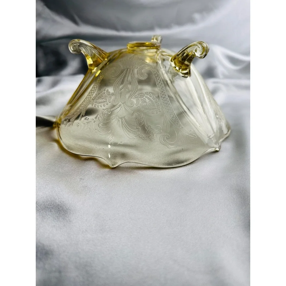 Lancaster Landrum Topaz Yellow Etched Glass 3 Footed Bowl Scalloped 8.5